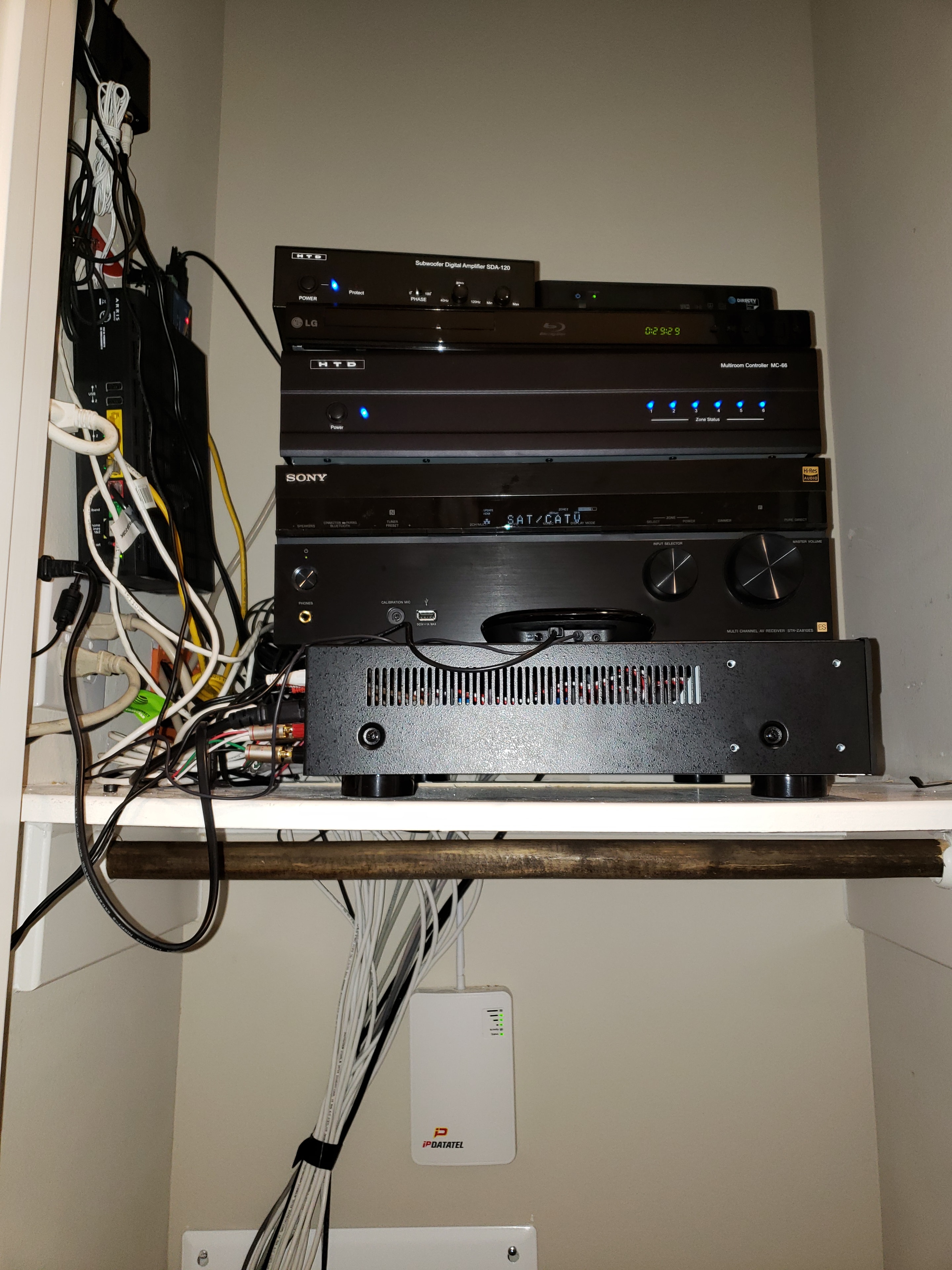 Home theater equipment rack with AV components and cable management